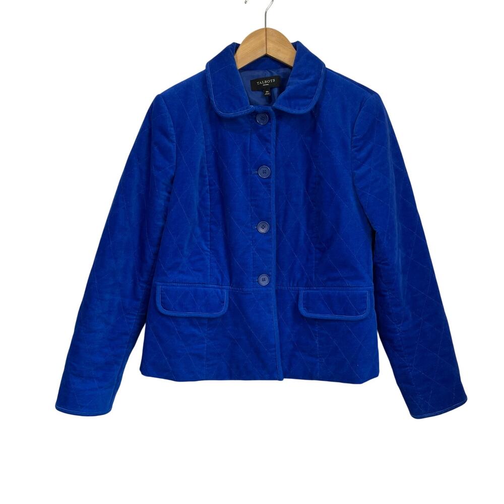Talbots Petites Velvet Quilted Button Jacket 10P Blue Classic Fall Layering Coat